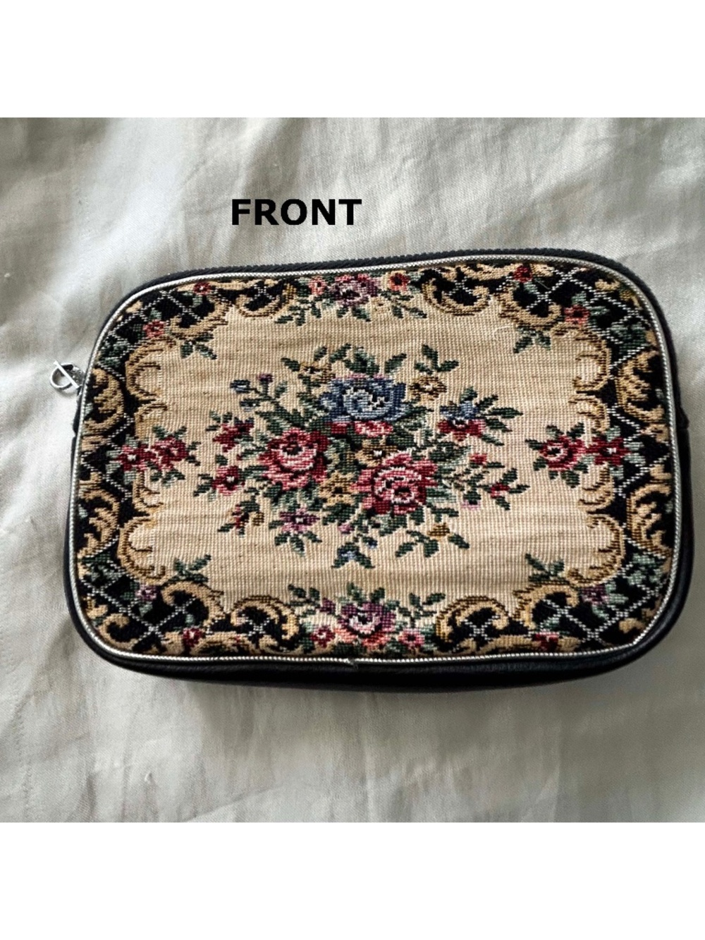 COIN PURSE, EMBROIDERED FABRIC, TAN WITH MULICOLOUR FLORAL, 6.5 X 4 x 1 Inches,